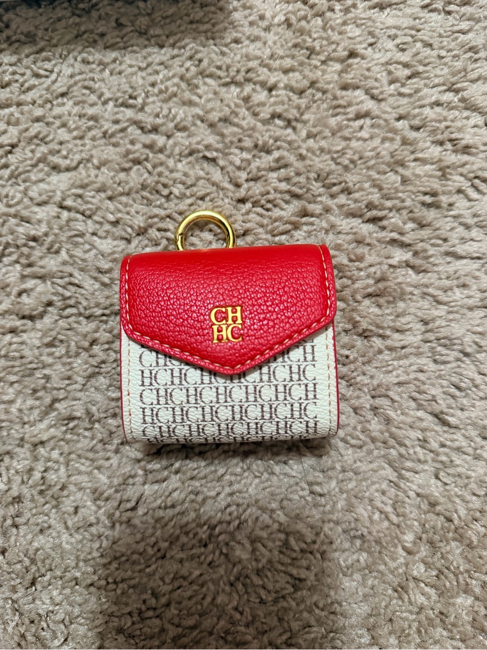 Carolina Herrera Red and Ivory CH Monogram Key Card Holder